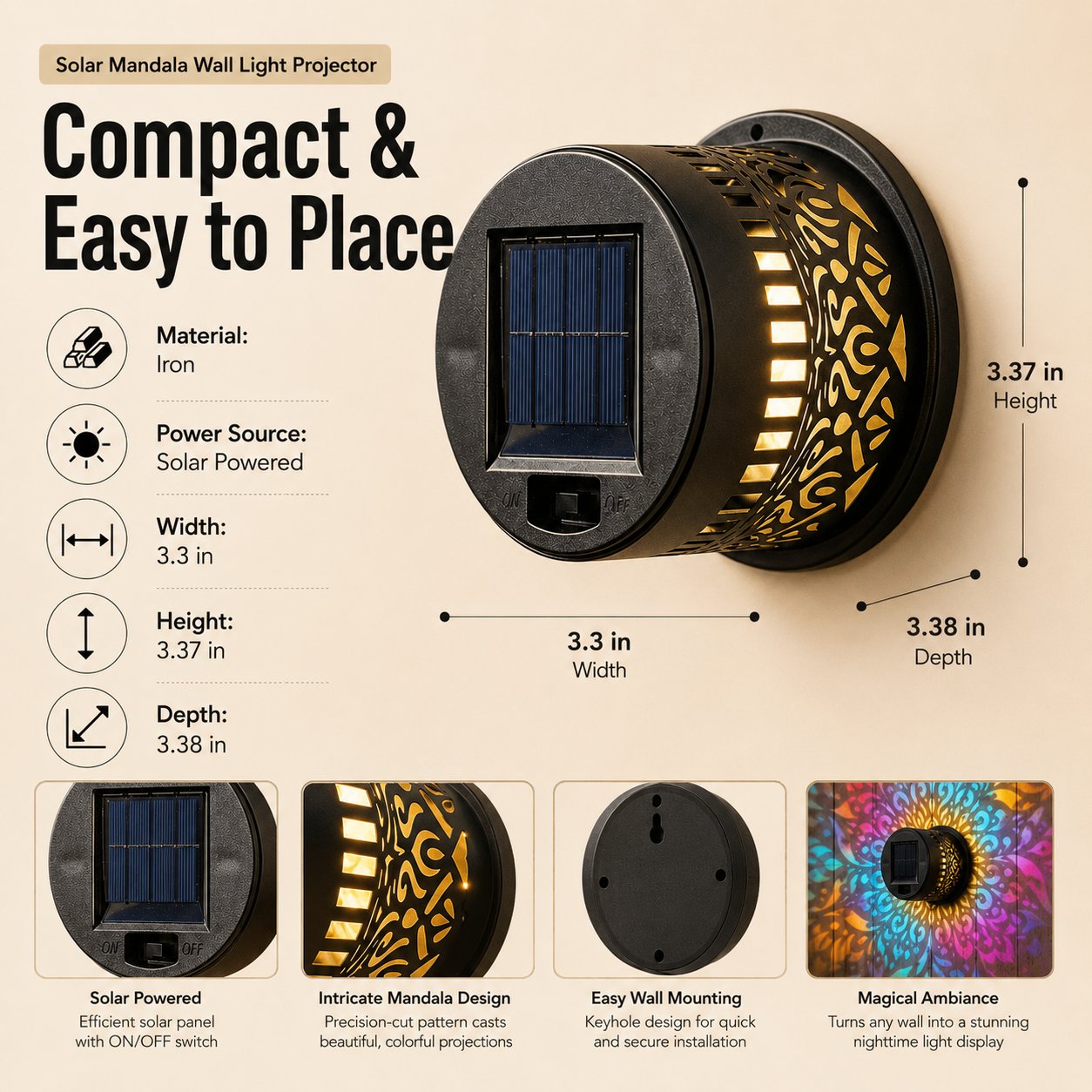 Solar Mandala Solar Wall Light Outdoor Garden Fence Projection Lamp Patio Ambient Decor