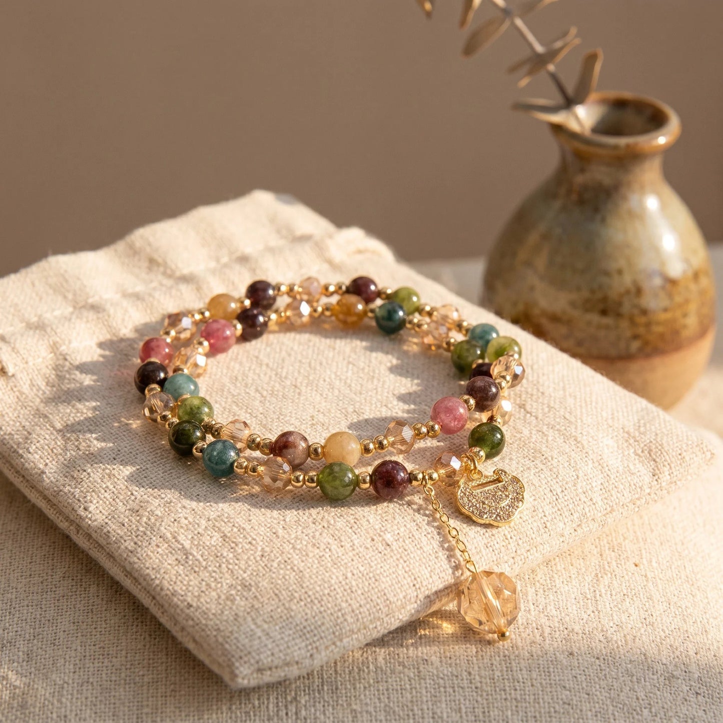 📿Unisex Double Strand Gemstone Beaded Bracelet, Colorful Tourmaline Bracelet with Peace Lock Charm, Inspirational Jewelry for Men & Women, brings wealth and good fortune