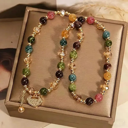 📿Unisex Double Strand Gemstone Beaded Bracelet, Colorful Tourmaline Bracelet with Peace Lock Charm, Inspirational Jewelry for Men & Women, brings wealth and good fortune