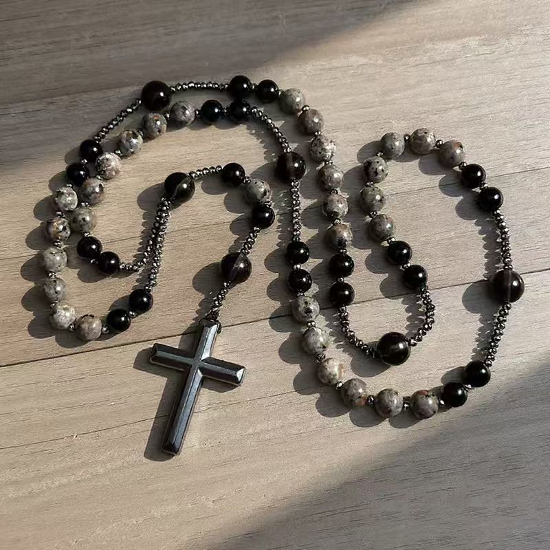 Natural Obsidian Yooperlite RosaryNecklace, UV Reactive EnergyProtection Healing Crystal