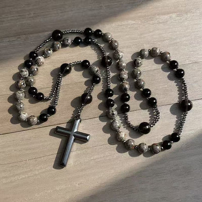 Natural Obsidian Yooperlite RosaryNecklace, UV Reactive EnergyProtection Healing Crystal
