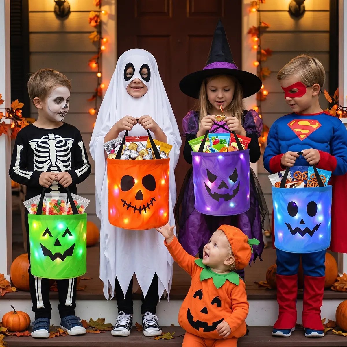 🎃4pcs  LED Halloween Candy Bag – Trick or Treat Tote with Lights, Reusable, Kids/Adults, Party/Garden Decor 👻