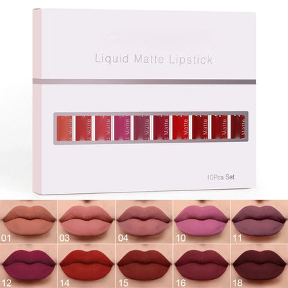 💖10Pcs Liquid Matte Matt Lipstick Set, Long Lasting Lipstick 24 hour Waterproof Lip Gloss