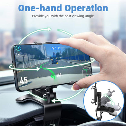Universal 360° Rotating Car Dashboard Phone Mount – Clip-On Sun Visor & Rearview Mirror Holder Stand