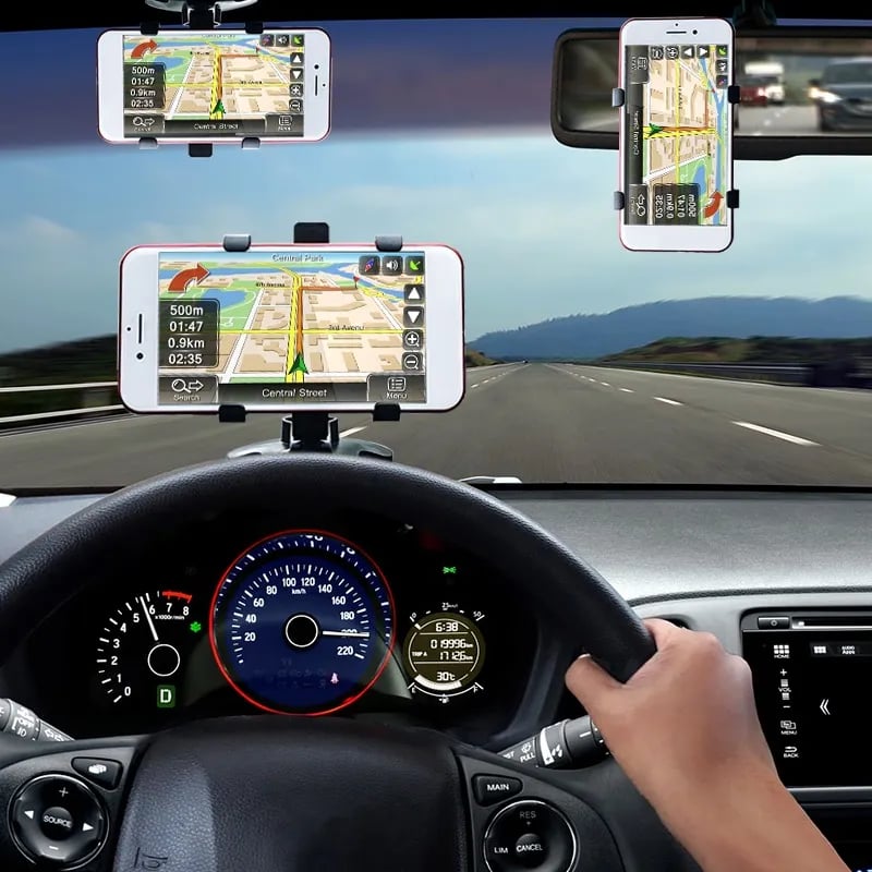 Universal 360° Rotating Car Dashboard Phone Mount – Clip-On Sun Visor & Rearview Mirror Holder Stand
