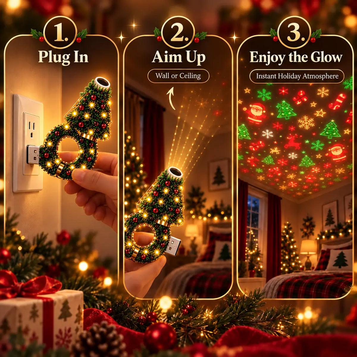 2026 New USB Plug-In Christmas Projector Night Light, 6+ Holiday Pattern Ceiling Lamp, Warm LED Christmas Tree Room Decor for Bedroom, Party & Holiday Gifts