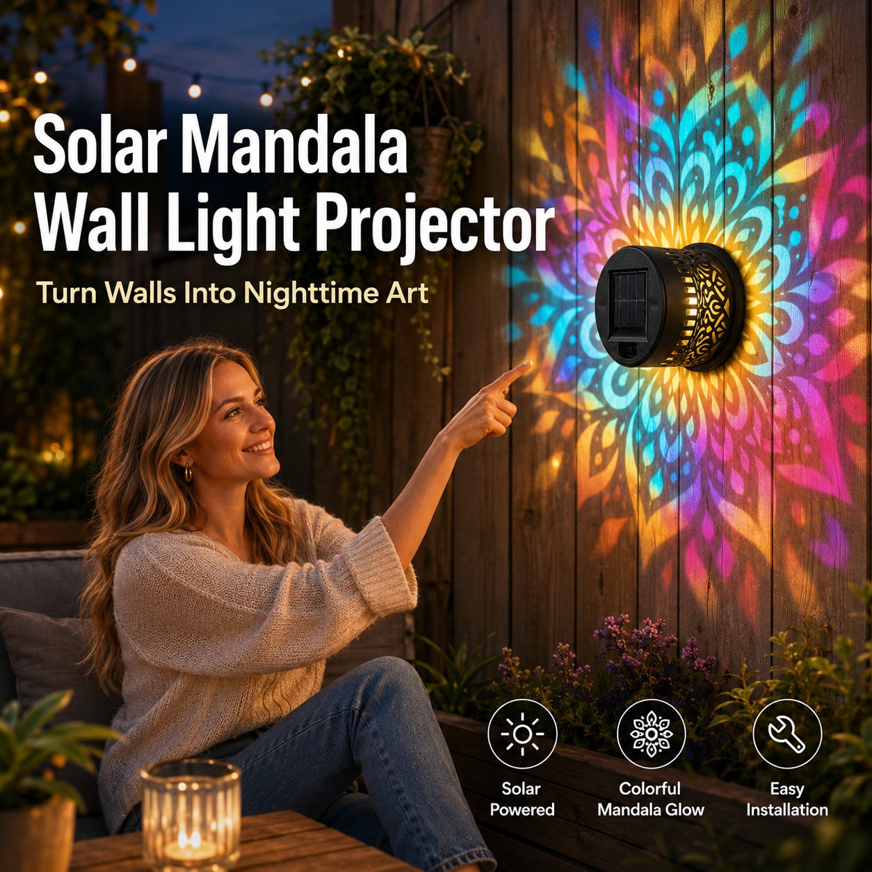 Solar Mandala Solar Wall Light Outdoor Garden Fence Projection Lamp Patio Ambient Decor