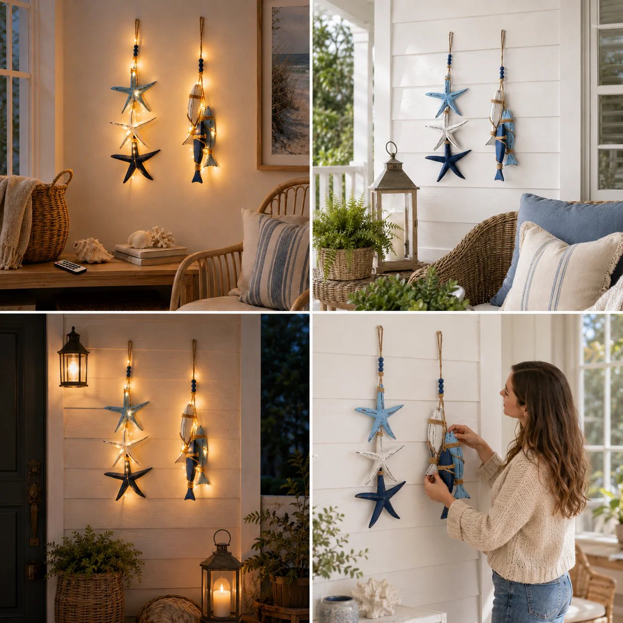 🐟🌊 Lighted Coastal Wooden Hanging Decor – Starfish & Fish Design