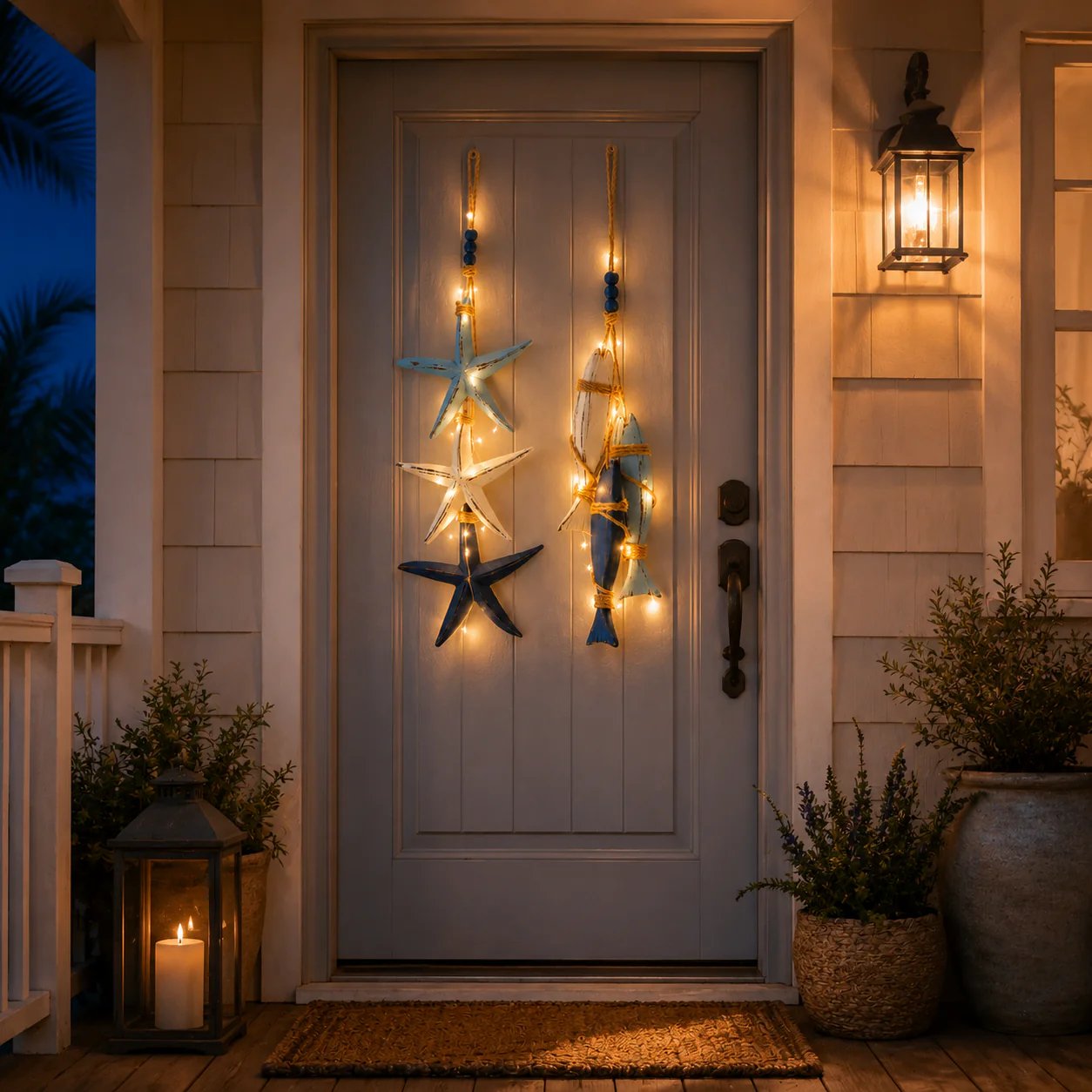🐟🌊 Lighted Coastal Wooden Hanging Decor – Starfish & Fish Design