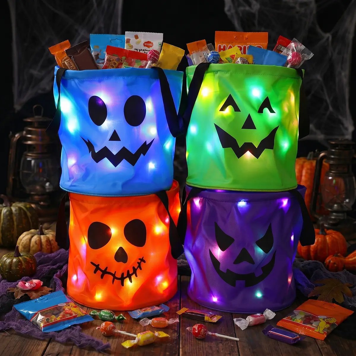🎃4pcs  LED Halloween Candy Bag – Trick or Treat Tote with Lights, Reusable, Kids/Adults, Party/Garden Decor 👻