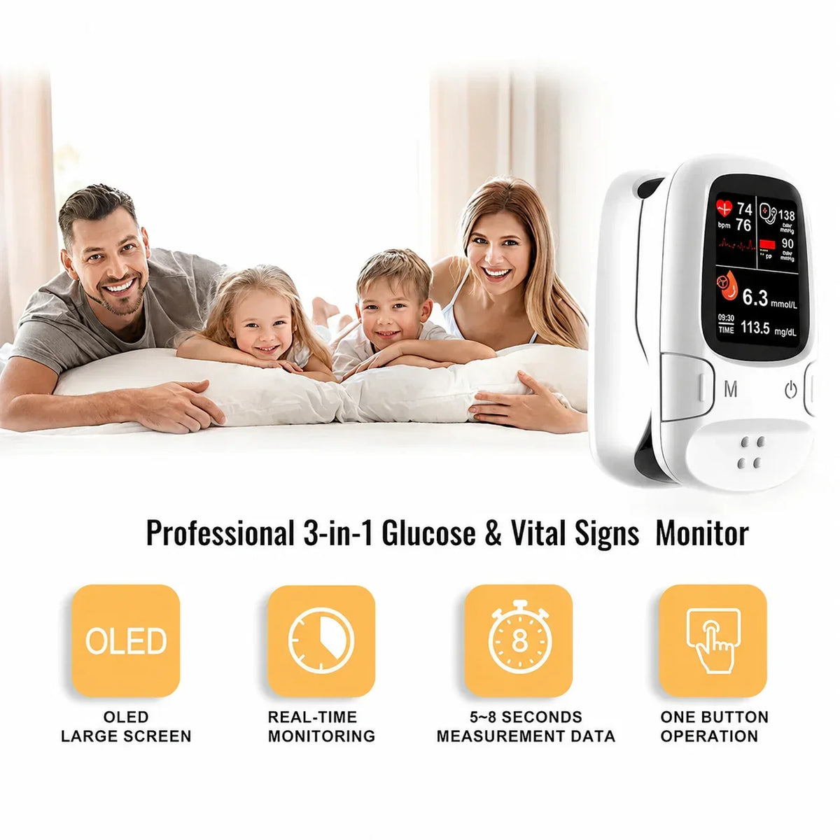 🔥 3-in-1 Smart Health Monitor – Glucose, Heart Rate & Blood Oxygen Tracking