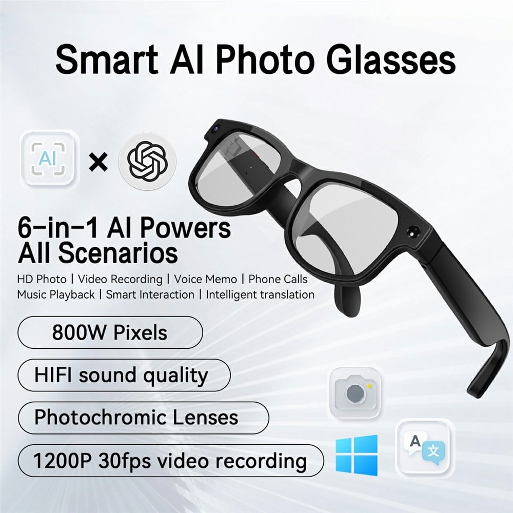 Smart AI camera glasses with camera, music and translation functions