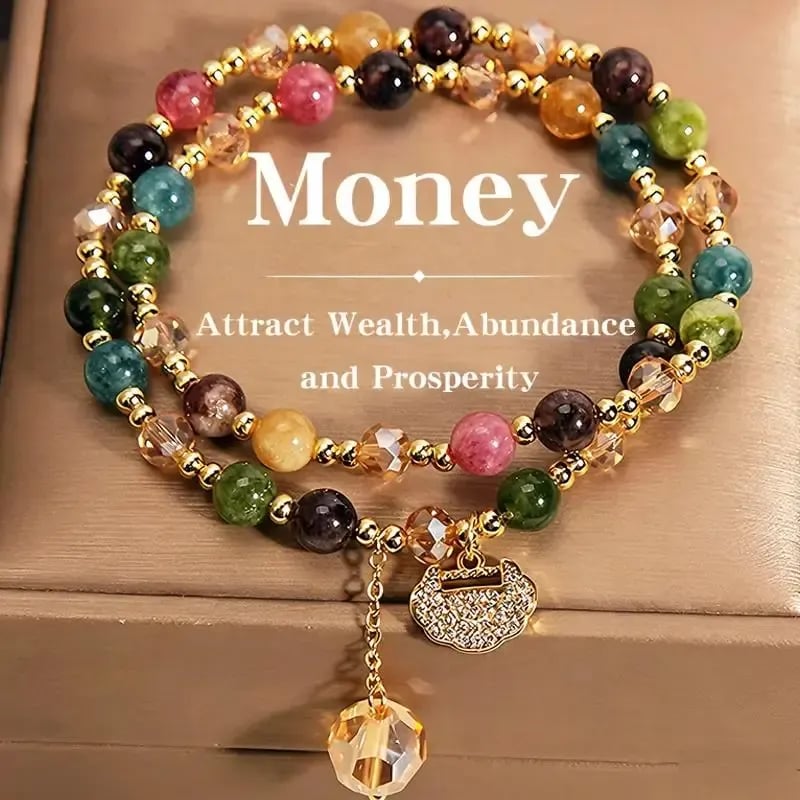 📿Unisex Double Strand Gemstone Beaded Bracelet, Colorful Tourmaline Bracelet with Peace Lock Charm, Inspirational Jewelry for Men & Women, brings wealth and good fortune