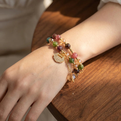 📿Unisex Double Strand Gemstone Beaded Bracelet, Colorful Tourmaline Bracelet with Peace Lock Charm, Inspirational Jewelry for Men & Women, brings wealth and good fortune