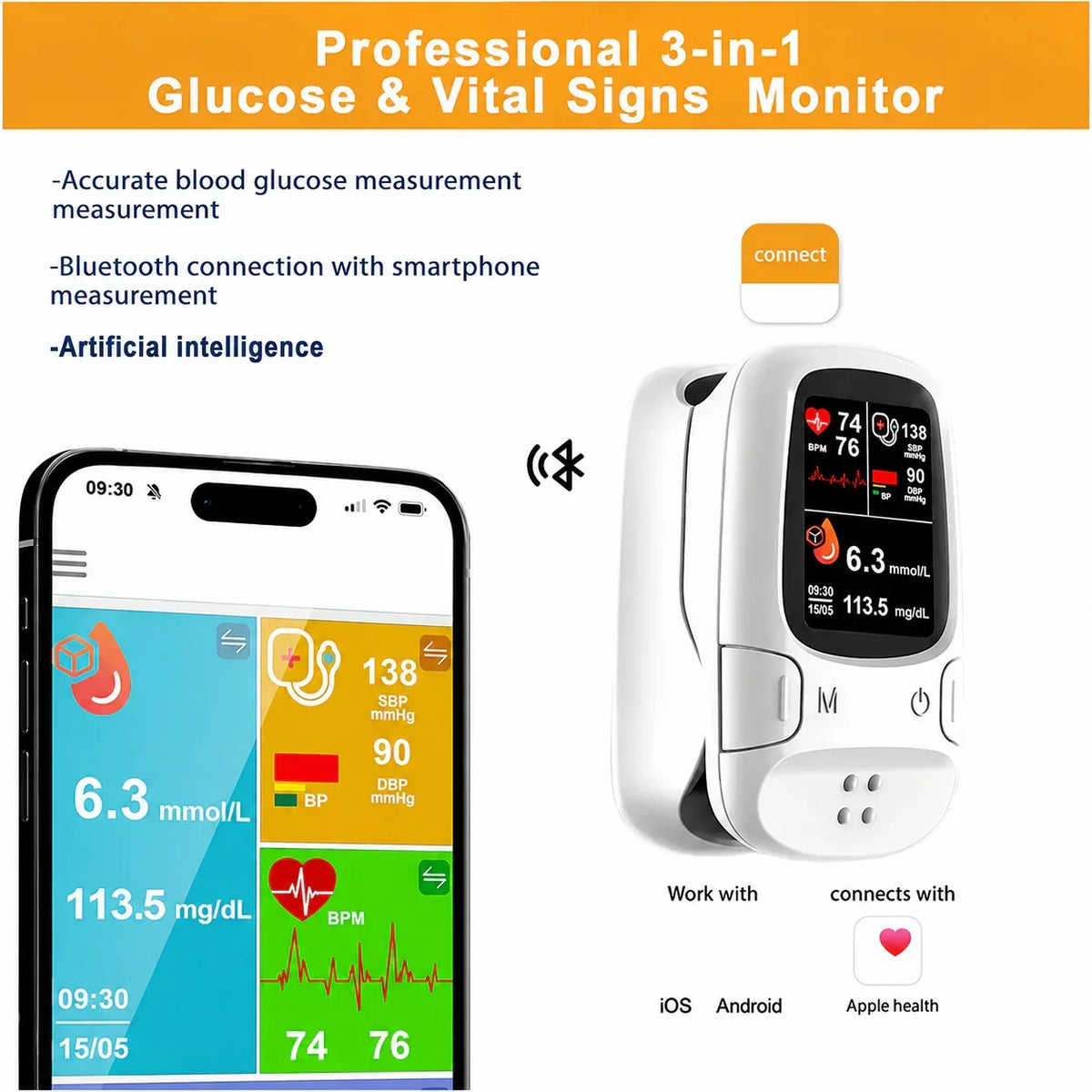 🔥 3-in-1 Smart Health Monitor – Glucose, Heart Rate & Blood Oxygen Tracking