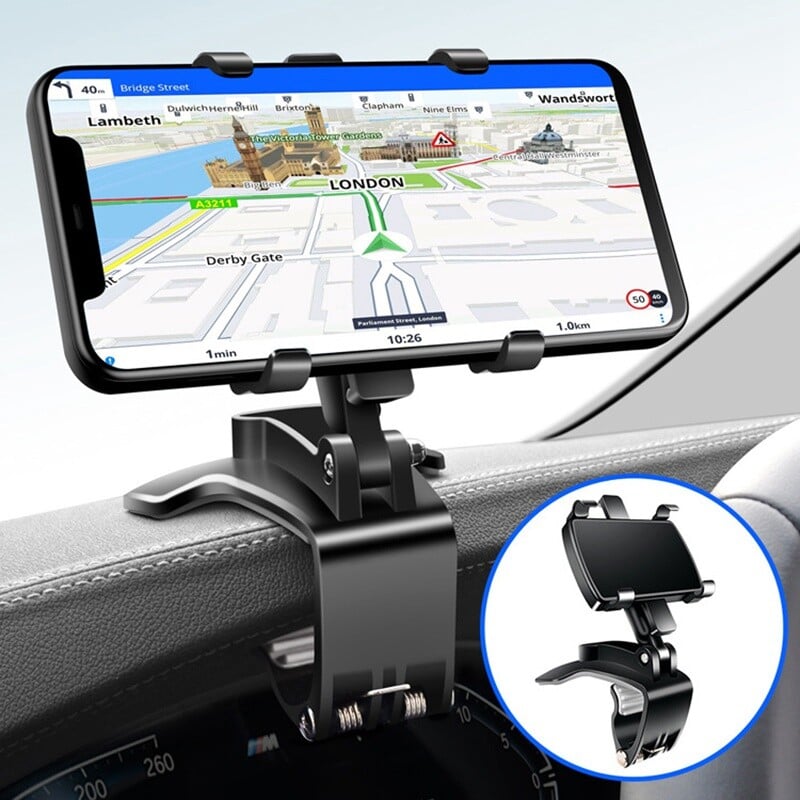 Universal 360° Rotating Car Dashboard Phone Mount – Clip-On Sun Visor & Rearview Mirror Holder Stand
