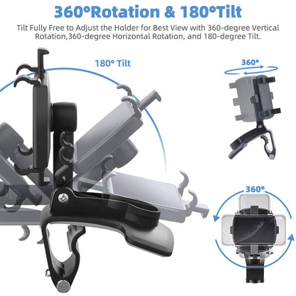 Universal 360° Rotating Car Dashboard Phone Mount – Clip-On Sun Visor & Rearview Mirror Holder Stand