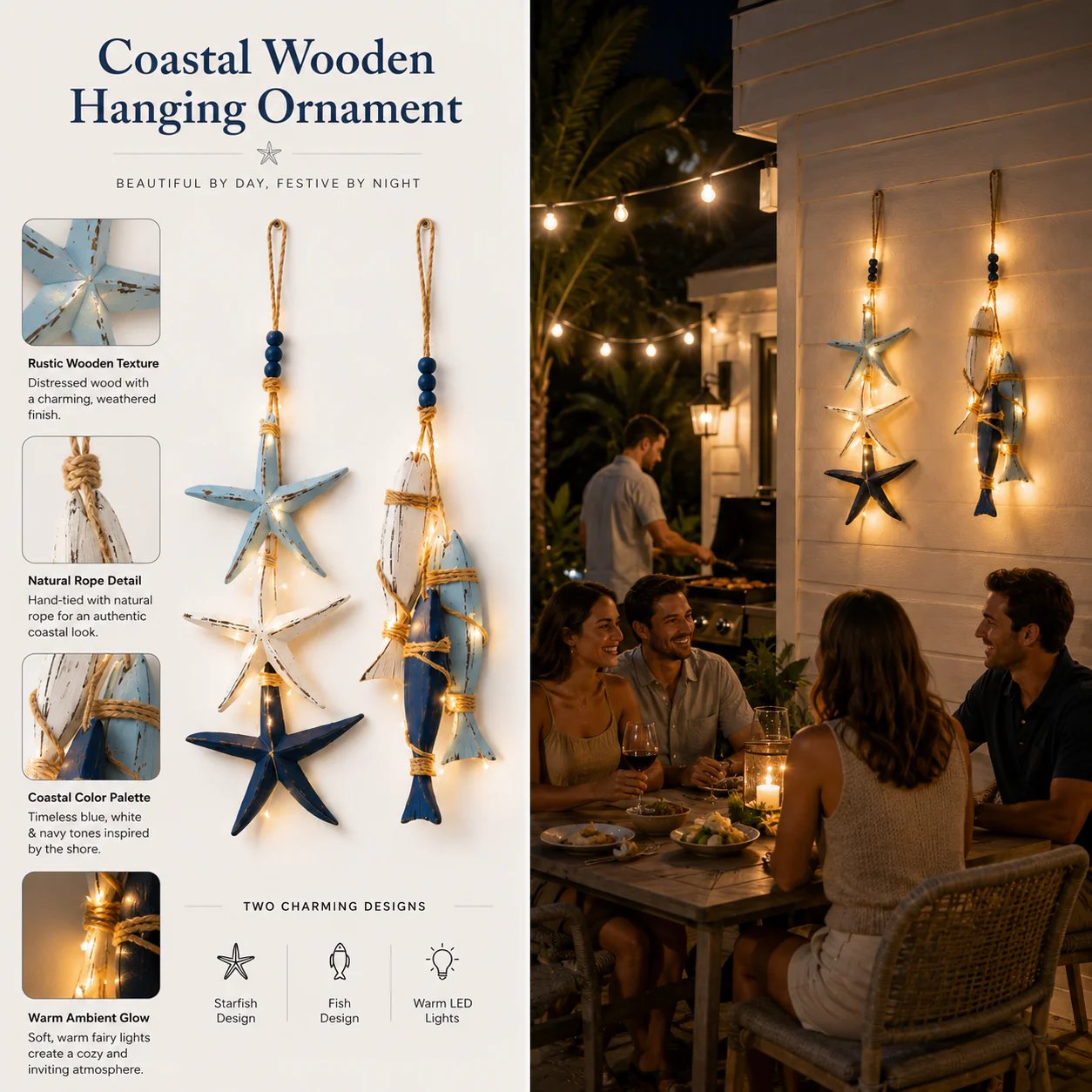 🐟🌊 Lighted Coastal Wooden Hanging Decor – Starfish & Fish Design