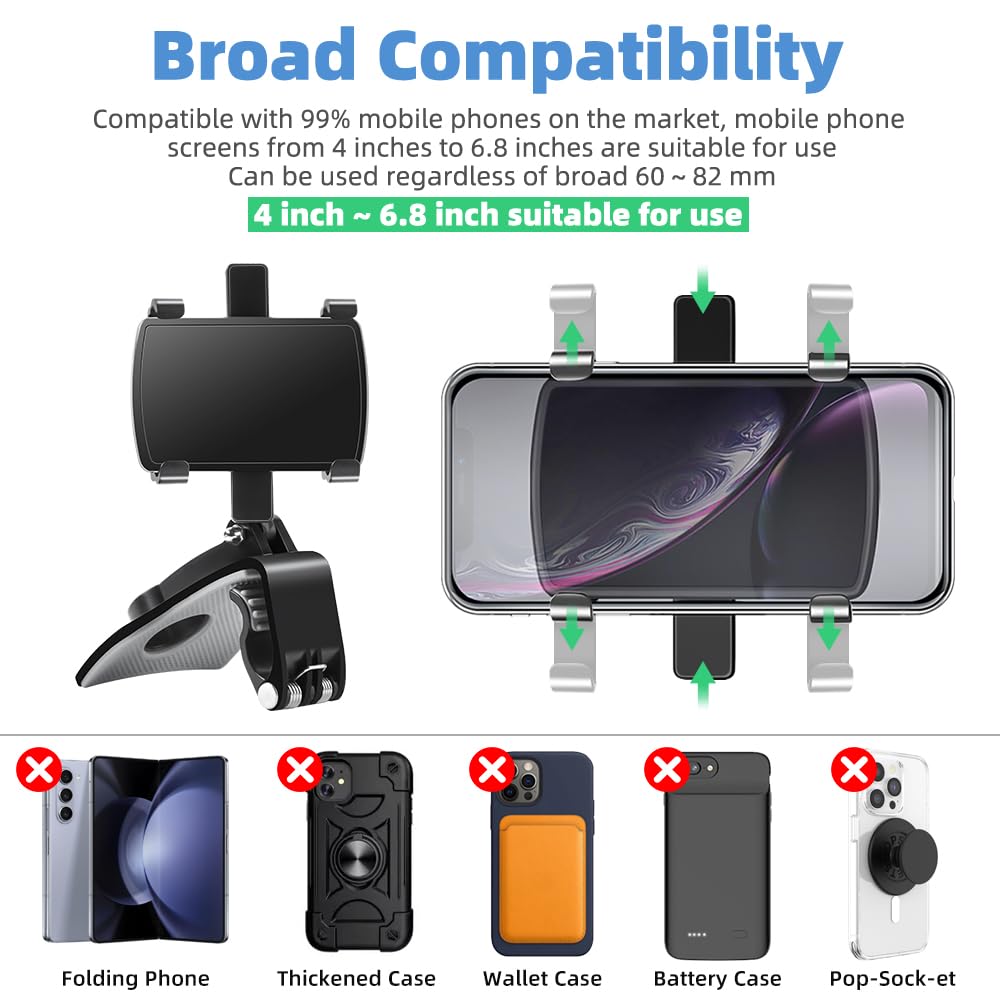 Universal 360° Rotating Car Dashboard Phone Mount – Clip-On Sun Visor & Rearview Mirror Holder Stand