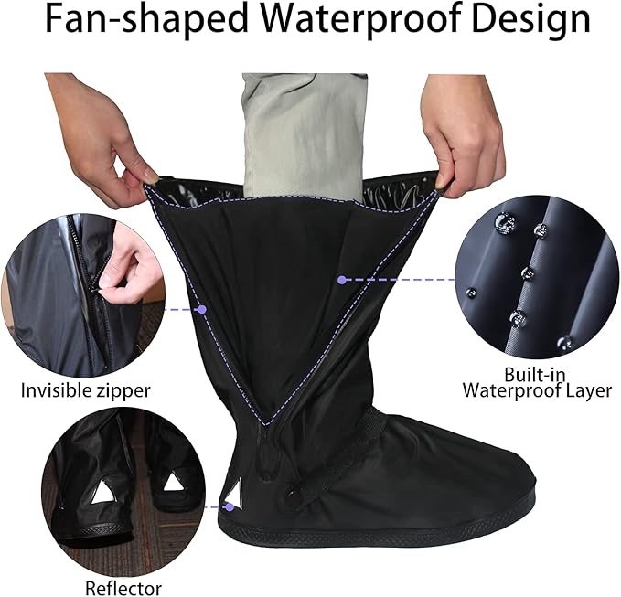 Waterproof rain boots with non-slip zippers and reflective features. Heavy-duty reusable rain boots suitable for men and women.