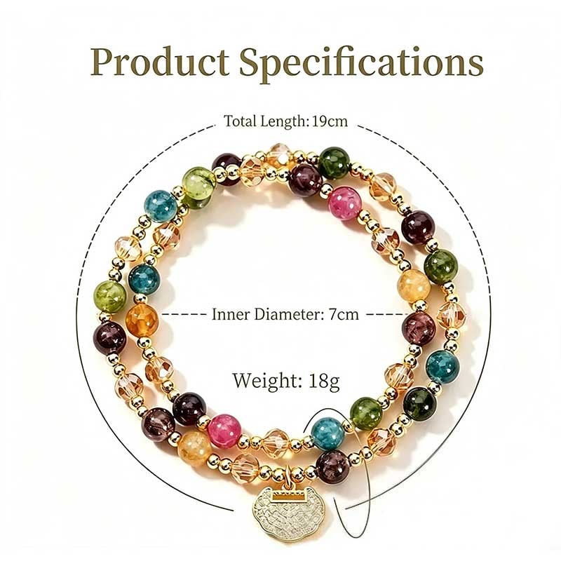 📿Unisex Double Strand Gemstone Beaded Bracelet, Colorful Tourmaline Bracelet with Peace Lock Charm, Inspirational Jewelry for Men & Women, brings wealth and good fortune