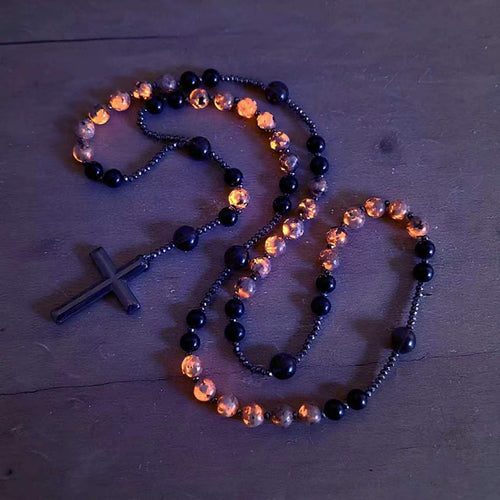 Natural Obsidian Yooperlite RosaryNecklace, UV Reactive EnergyProtection Healing Crystal