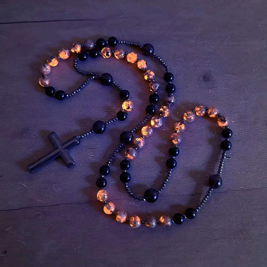 Natural Obsidian Yooperlite RosaryNecklace, UV Reactive EnergyProtection Healing Crystal