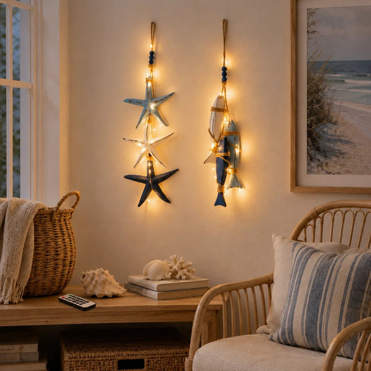 🐟🌊 Lighted Coastal Wooden Hanging Decor – Starfish & Fish Design