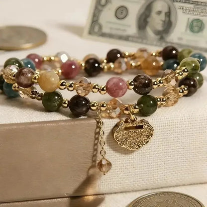 📿Unisex Double Strand Gemstone Beaded Bracelet, Colorful Tourmaline Bracelet with Peace Lock Charm, Inspirational Jewelry for Men & Women, brings wealth and good fortune