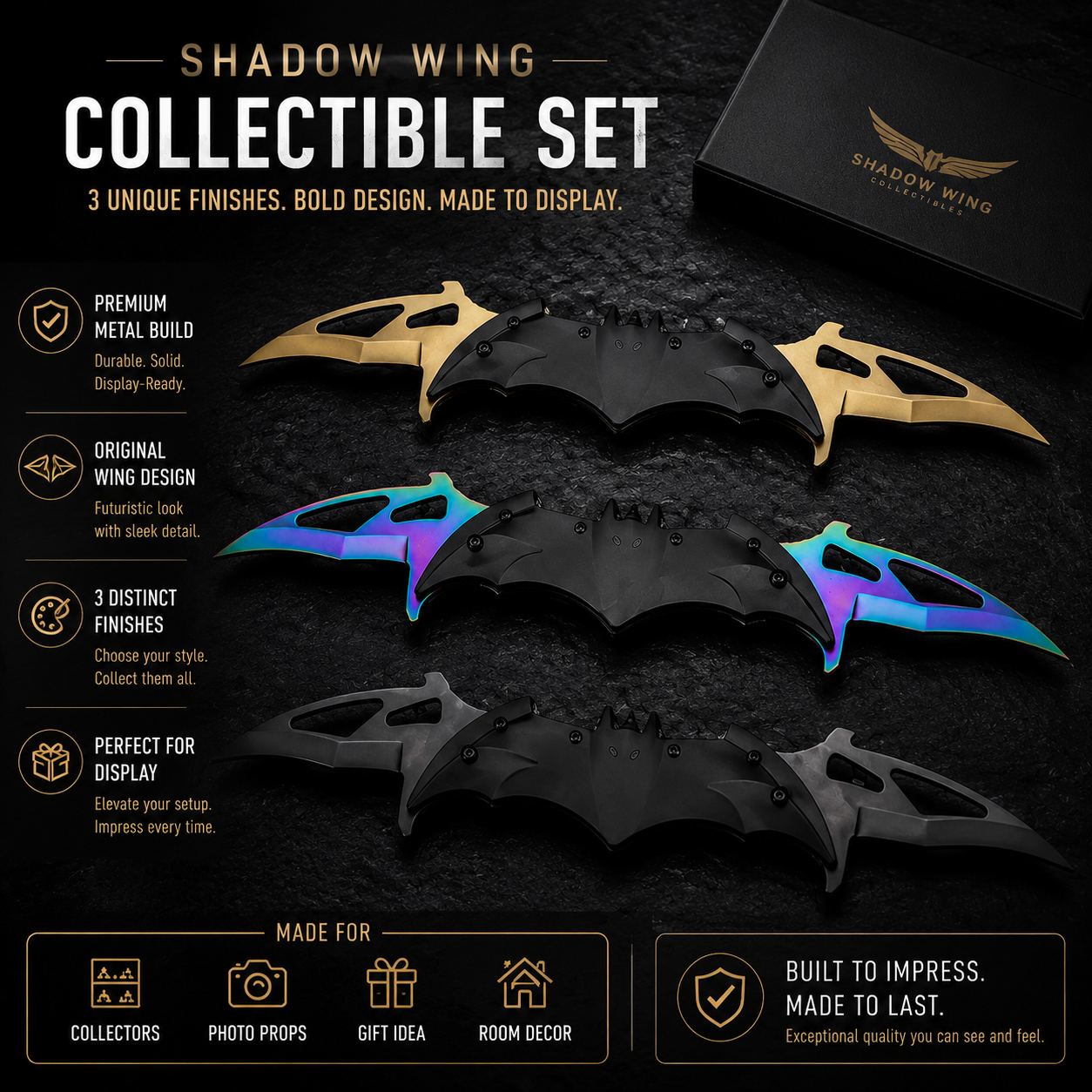 ⚡Nocturnal Wing Collectible Set – Premium Metal Display Art Piece (3 Finishes)