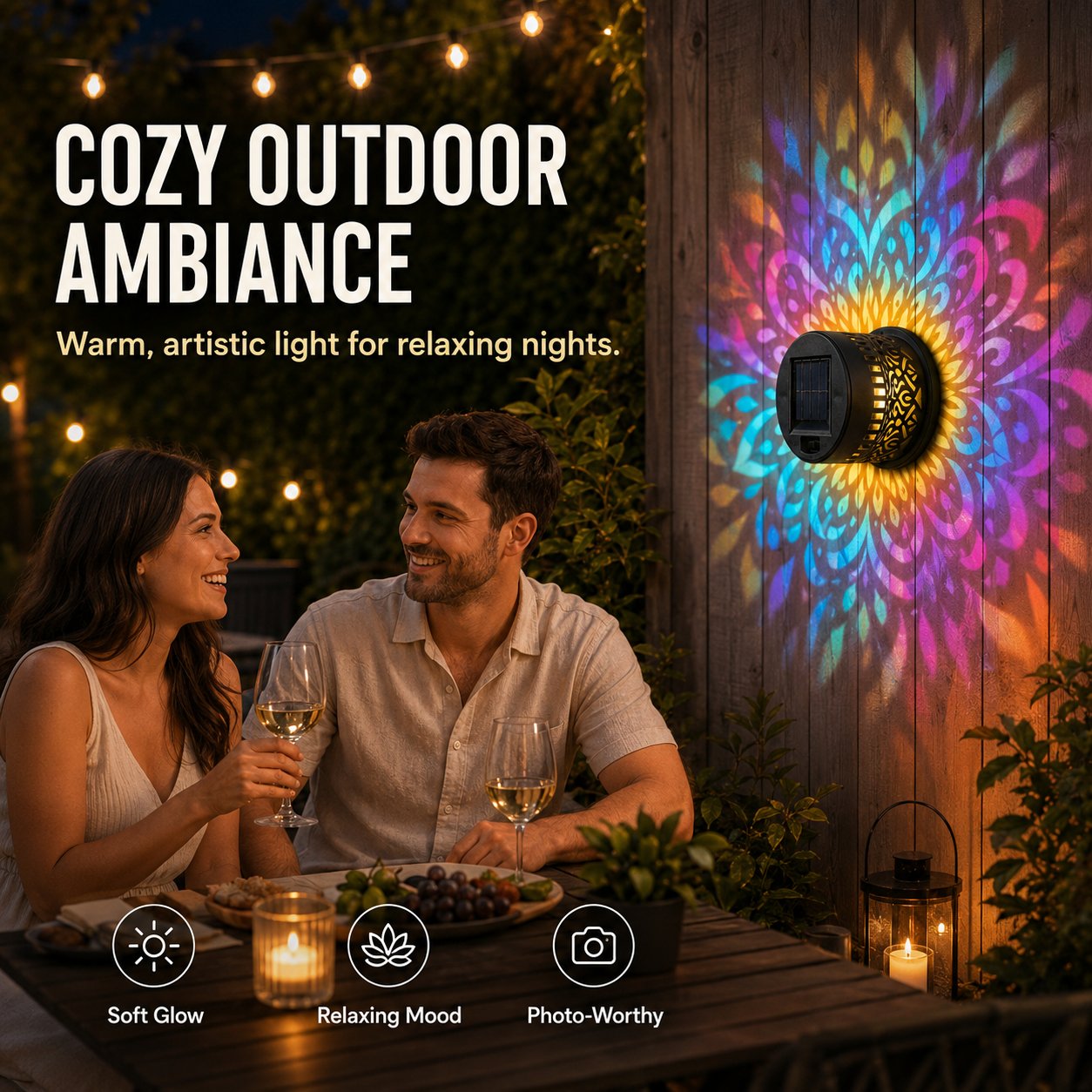 Solar Mandala Solar Wall Light Outdoor Garden Fence Projection Lamp Patio Ambient Decor