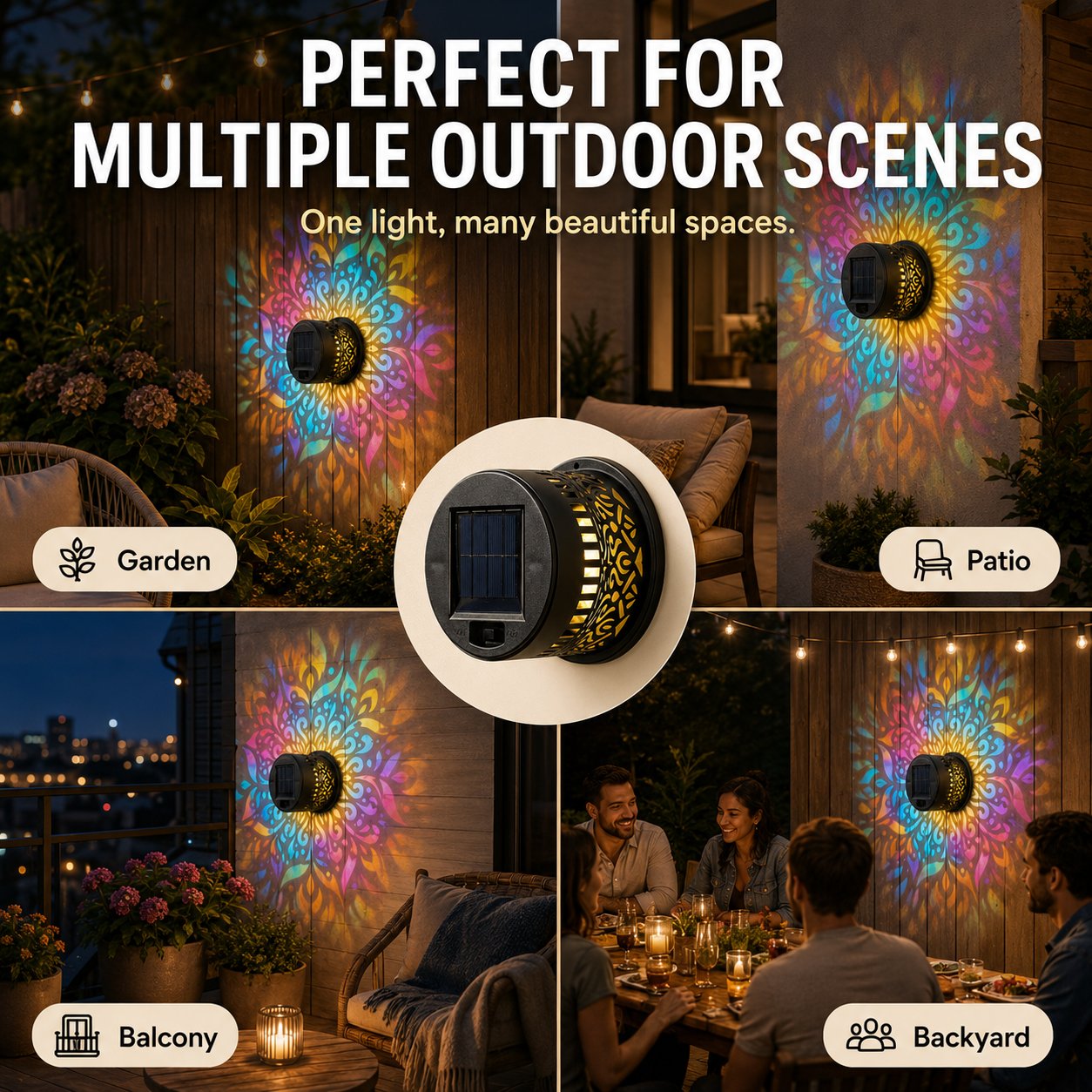 Solar Mandala Solar Wall Light Outdoor Garden Fence Projection Lamp Patio Ambient Decor