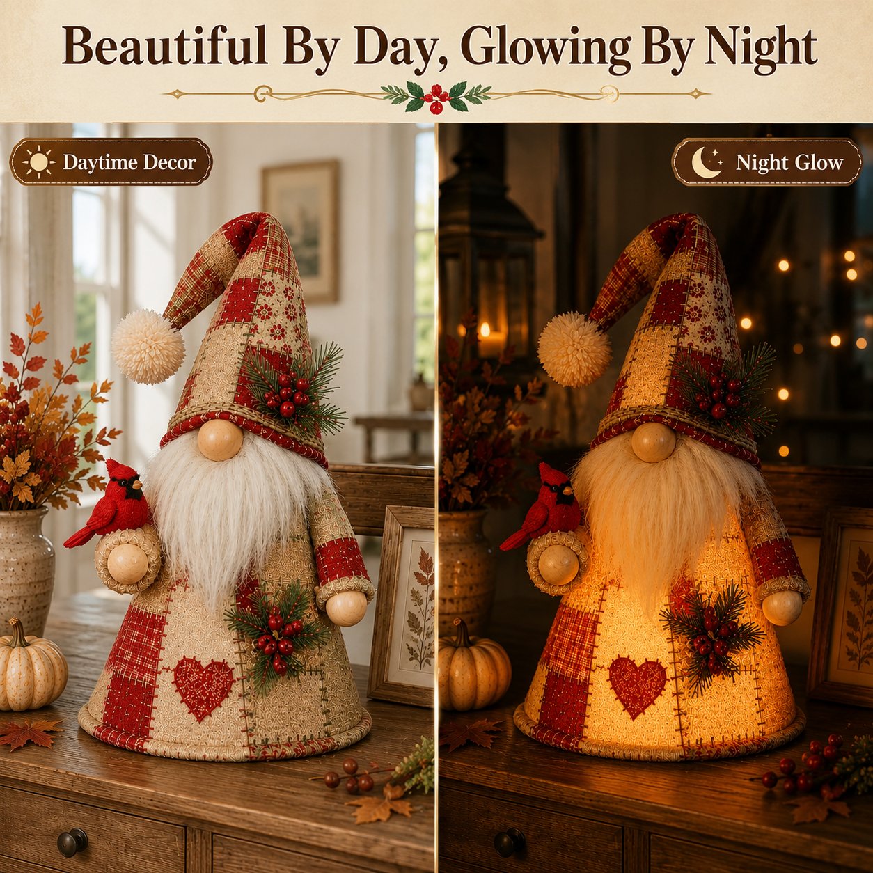 🔥🐦 Patchwork Bird Gnome Light Collection | Warm Glowing Tabletop Decor with Farmhouse Patchwork Details for Mantels, Shelves & Holiday Gifts ✨