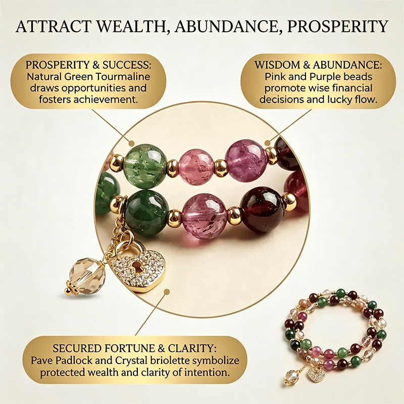 📿Unisex Double Strand Gemstone Beaded Bracelet, Colorful Tourmaline Bracelet with Peace Lock Charm, Inspirational Jewelry for Men & Women, brings wealth and good fortune