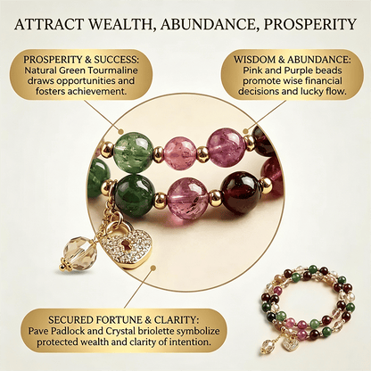 📿Unisex Double Strand Gemstone Beaded Bracelet, Colorful Tourmaline Bracelet with Peace Lock Charm, Inspirational Jewelry for Men & Women, brings wealth and good fortune