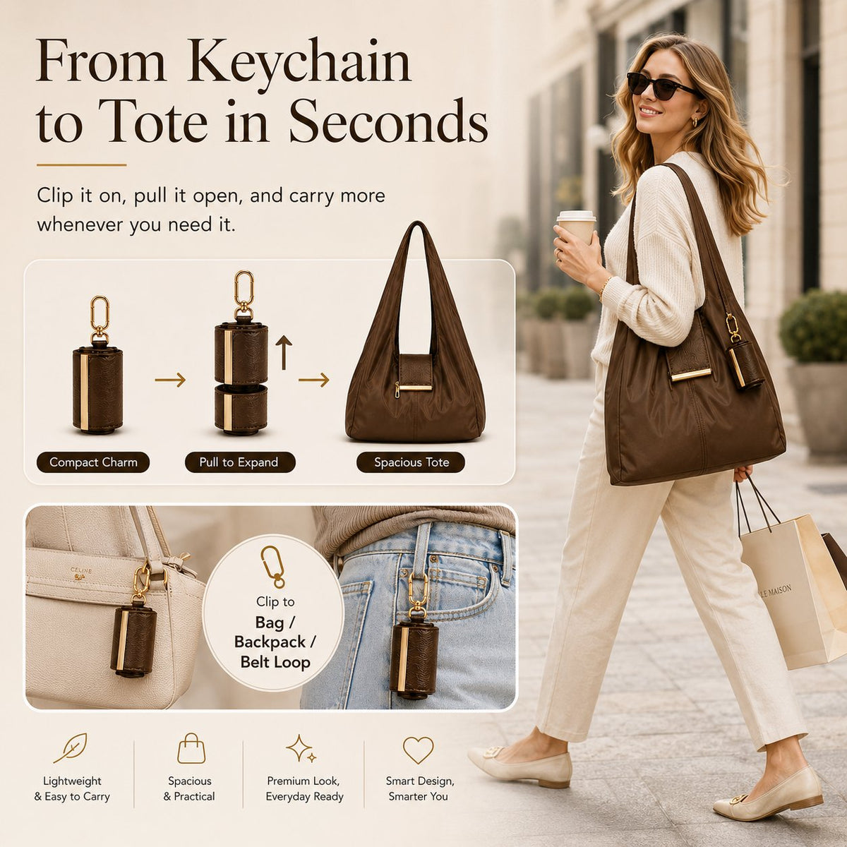 ToworkactTM Varelli Charm Transformable Bag – Stylish Vegan Leather Tote & Keychain Charm
