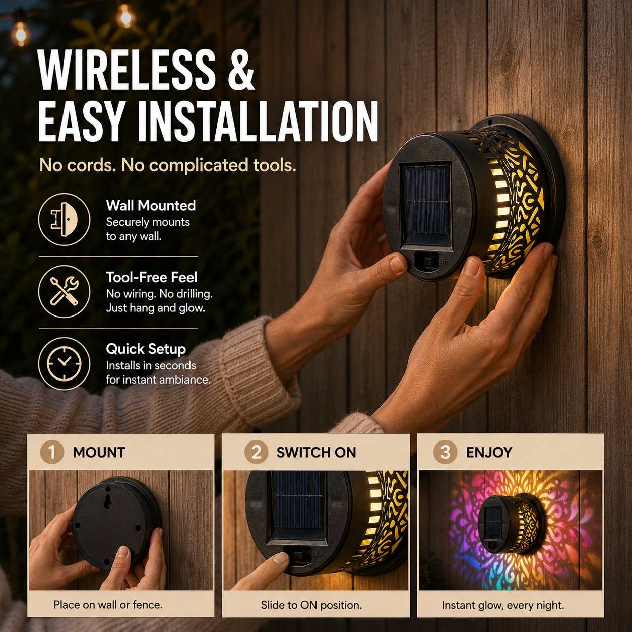 Solar Mandala Solar Wall Light Outdoor Garden Fence Projection Lamp Patio Ambient Decor