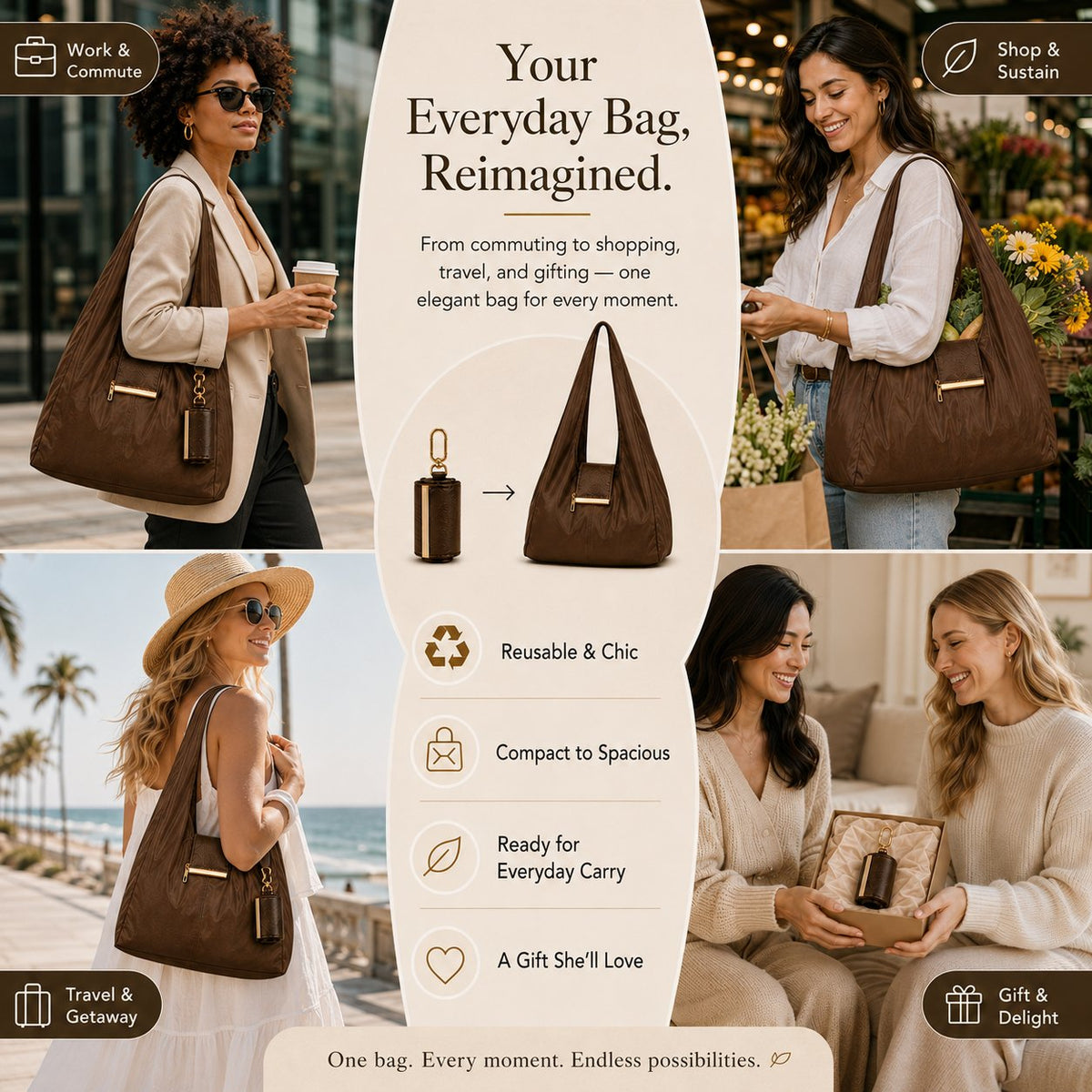 ToworkactTM Varelli Charm Transformable Bag – Stylish Vegan Leather Tote & Keychain Charm