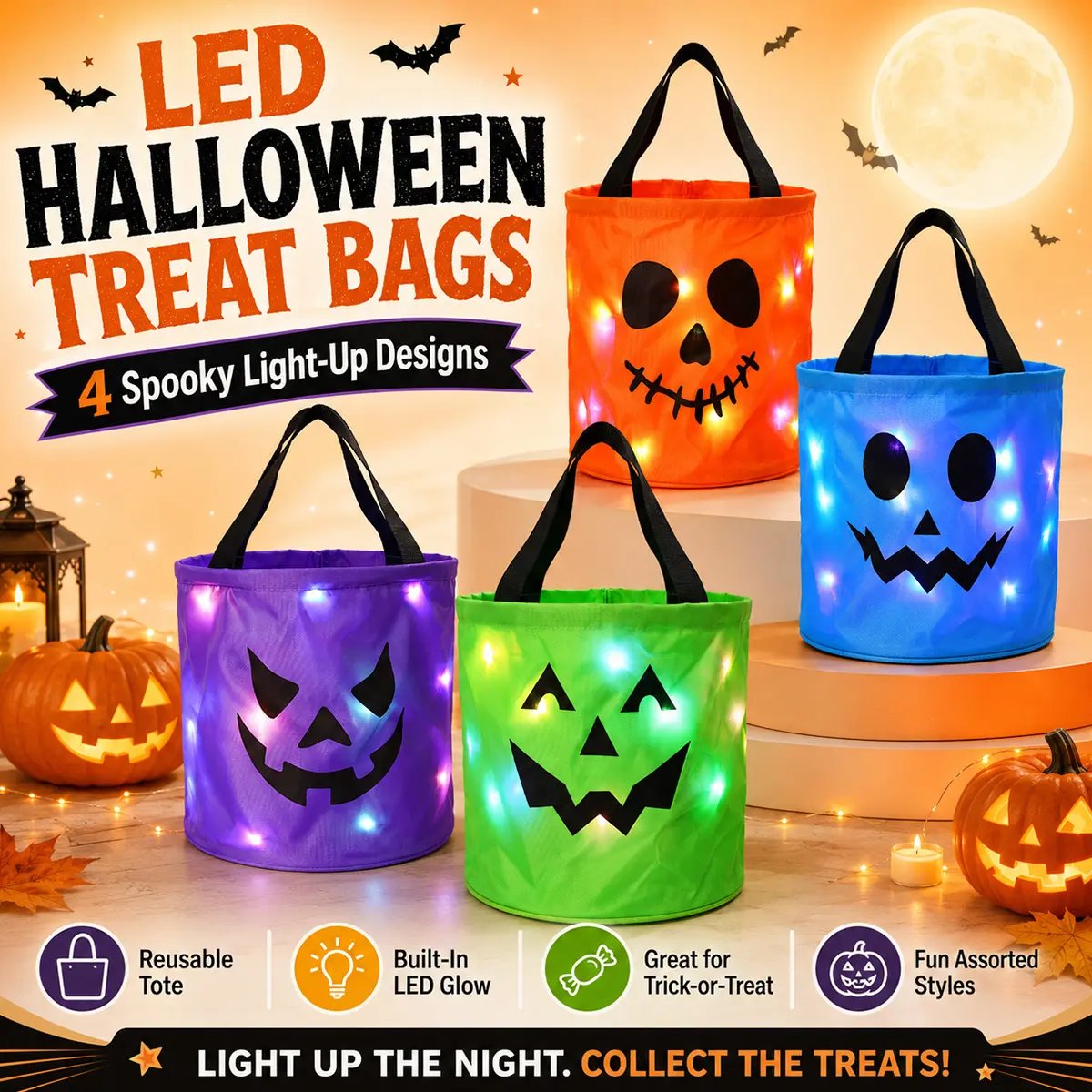🎃4pcs  LED Halloween Candy Bag – Trick or Treat Tote with Lights, Reusable, Kids/Adults, Party/Garden Decor 👻