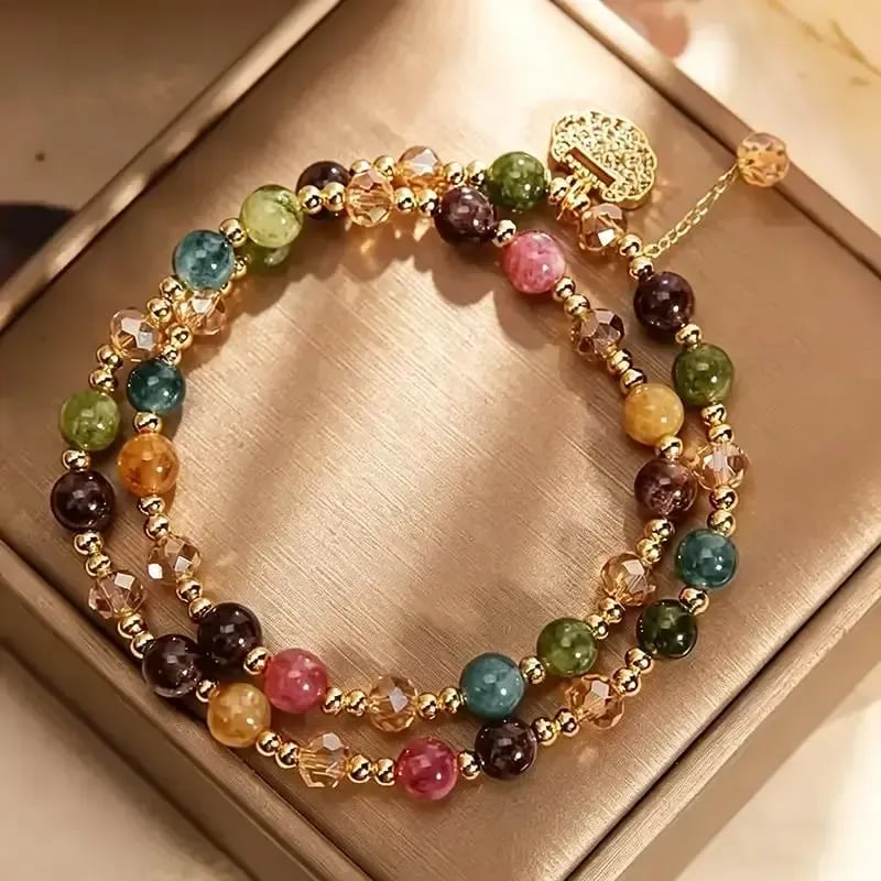 📿Unisex Double Strand Gemstone Beaded Bracelet, Colorful Tourmaline Bracelet with Peace Lock Charm, Inspirational Jewelry for Men & Women, brings wealth and good fortune