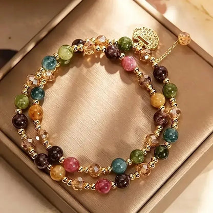 📿Unisex Double Strand Gemstone Beaded Bracelet, Colorful Tourmaline Bracelet with Peace Lock Charm, Inspirational Jewelry for Men & Women, brings wealth and good fortune