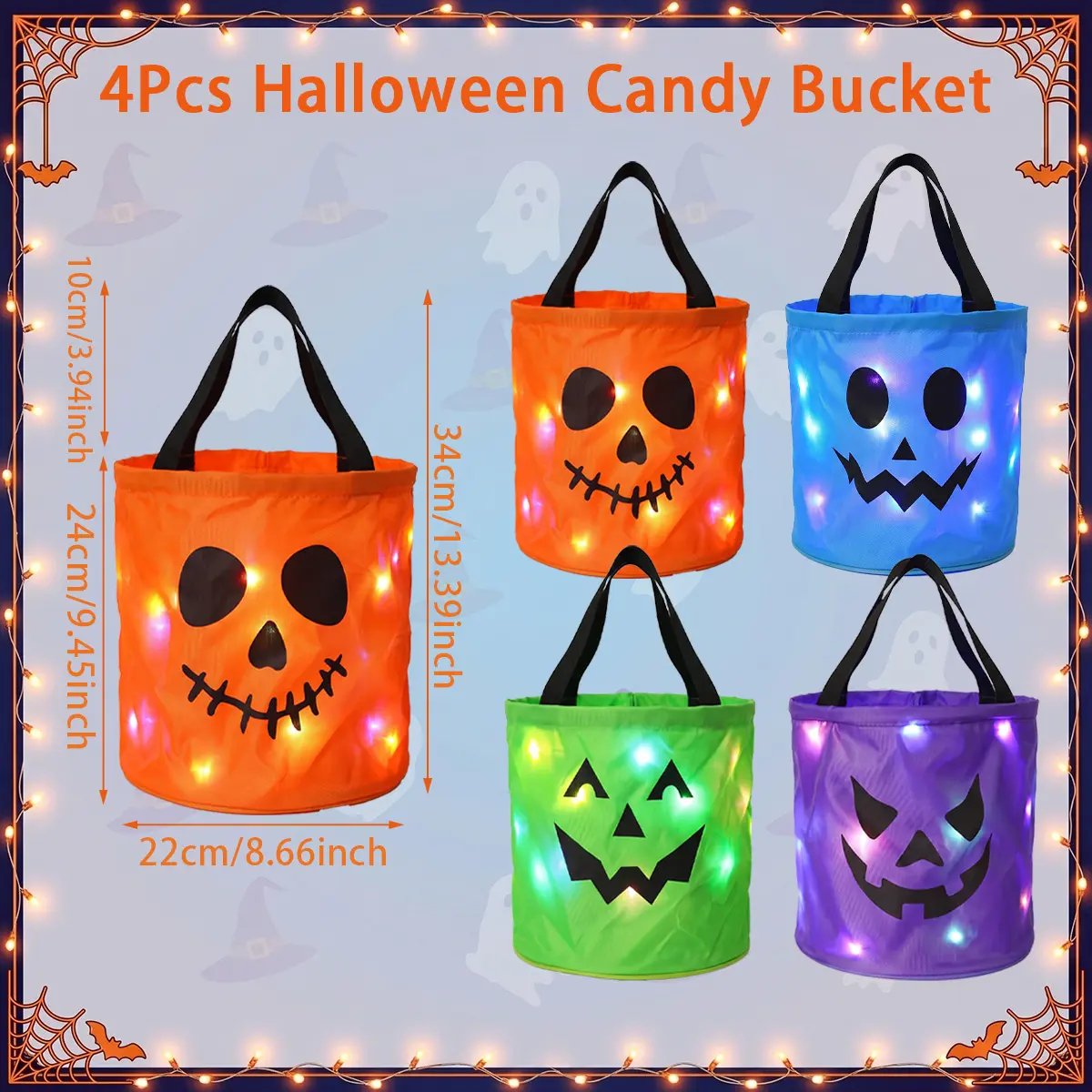 🎃4pcs  LED Halloween Candy Bag – Trick or Treat Tote with Lights, Reusable, Kids/Adults, Party/Garden Decor 👻